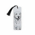 A white rectangular bookmark with a black tassel, featuring a detailed black and white sketch of a Labrador Retriever on the front, set against a light beige textured background.