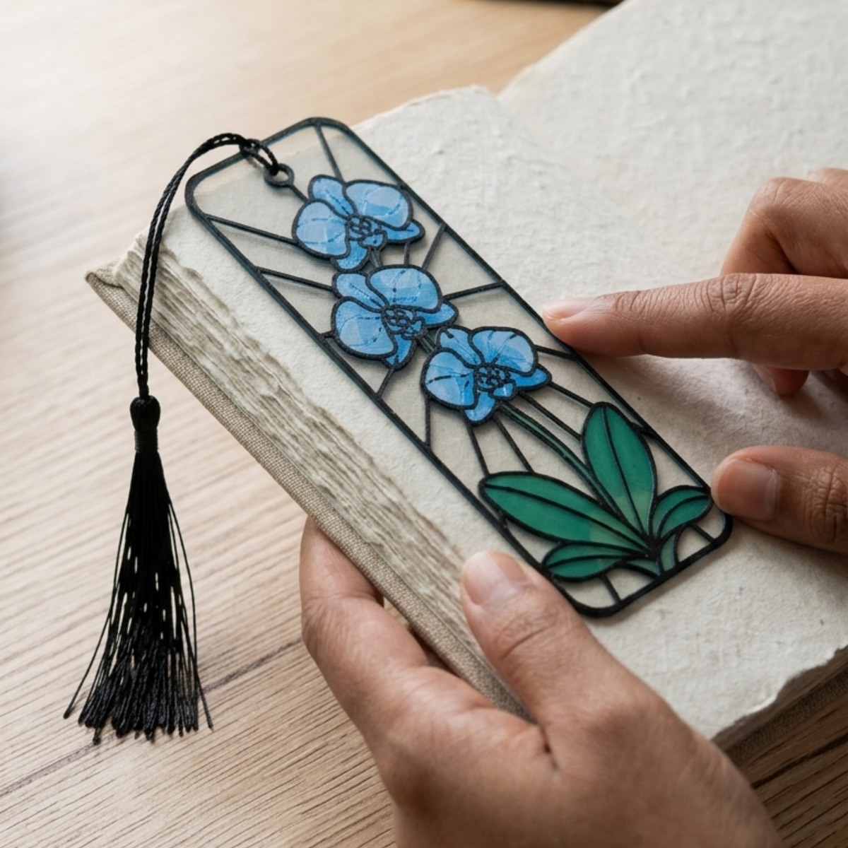 Cascading Blue Orchid Bookmark | Christian Gift | Stained Glass Style Art
