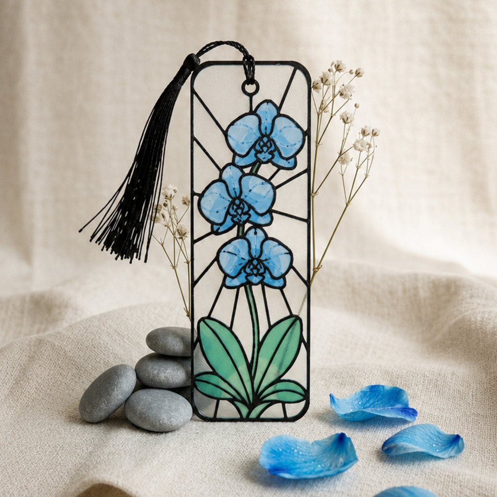 Cascading Blue Orchid Bookmark | Christian Gift | Stained Glass Style Art