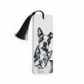 A white rectangular bookmark with a black tassel, featuring a black and white illustration of two Boston Terrier faces on the front, set against a white background.