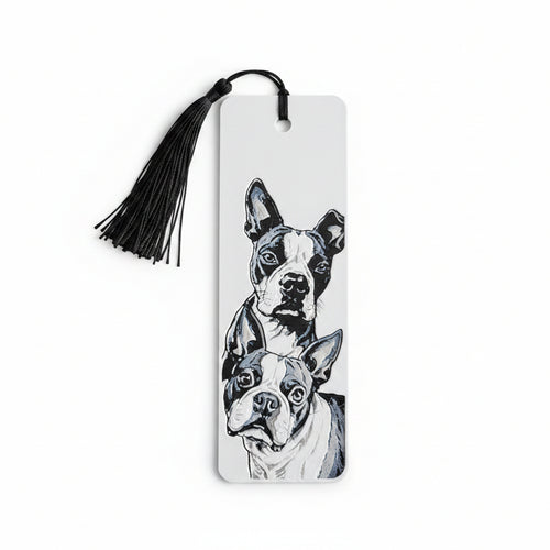 A white rectangular bookmark with a black tassel, featuring a black and white illustration of two Boston Terrier faces on the front, set against a white background.