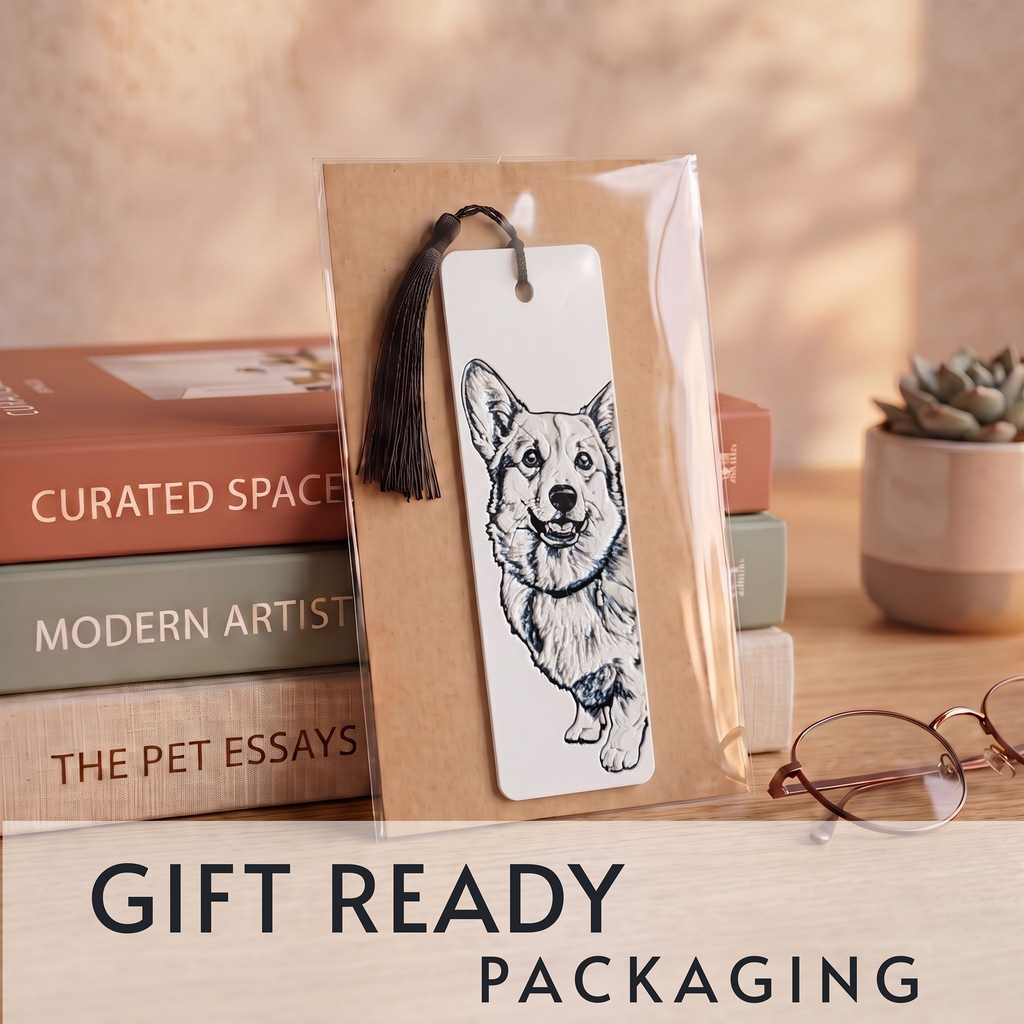 A packaged bookmark with a black tassel and a white tag featuring a black line drawing of a corgi dog, standing on top of stacked books on a wooden surface. The scene includes warm sunlight, a small potted succulent, eyeglasses, and the text 'GIFT READY PACKAGING' at the bottom.