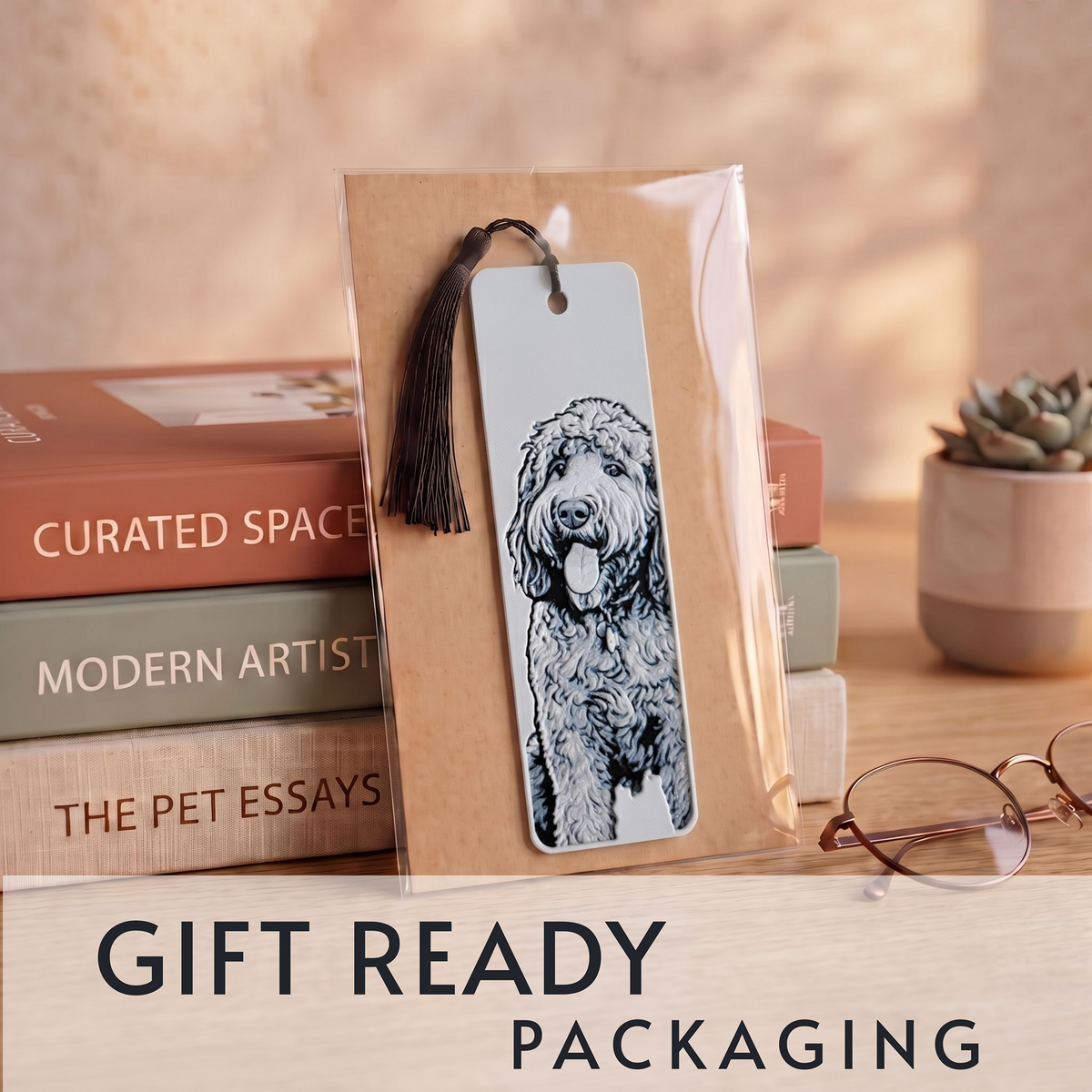 A packaged bookmark featuring a black-and-white illustration of a curly-haired dog, displayed upright on stacked books with a tassel. The scene includes a small potted succulent and eyeglasses on a wooden surface, with the text 'GIFT READY PACKAGING' at the bottom.