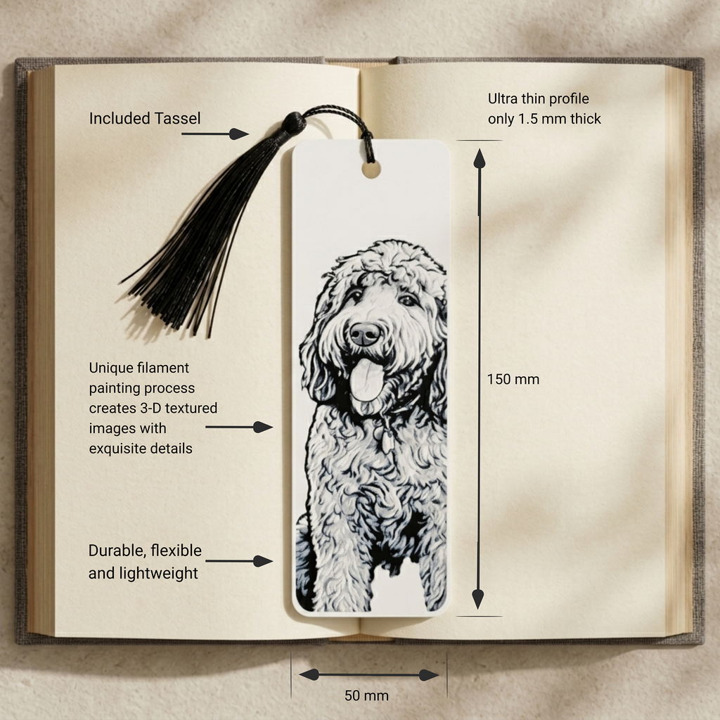 A dog illustration bookmark displayed on an open book, with measurement callouts showing 150 mm length and 50 mm width, plus text noting an included tassel and ultra-thin profile of 1.5 mm.