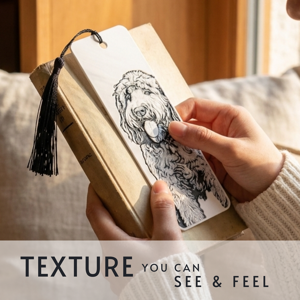 A person holds a white bookmark with a black line drawing of a dog and a black tassel, resting it on a tan book in a cozy indoor setting. Text at the bottom reads 'TEXTURE YOU CAN SEE & FEEL'.