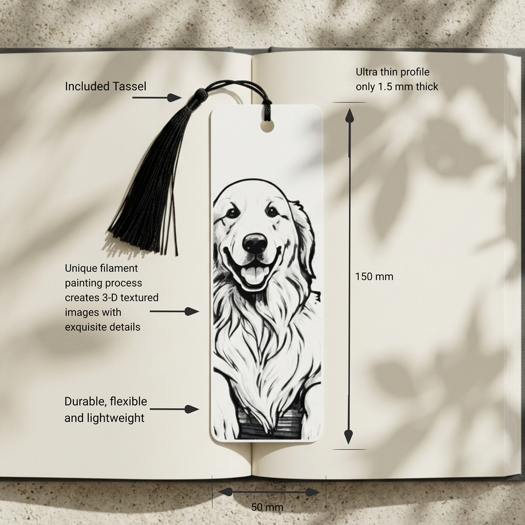 A black bookmark with a tassel and a detailed line drawing of a golden retriever dog, shown resting on an open book. White text labels highlight the bookmark's features, including its 150 mm length, 50 mm width, included tassel, and ultra-thin profile of 1.