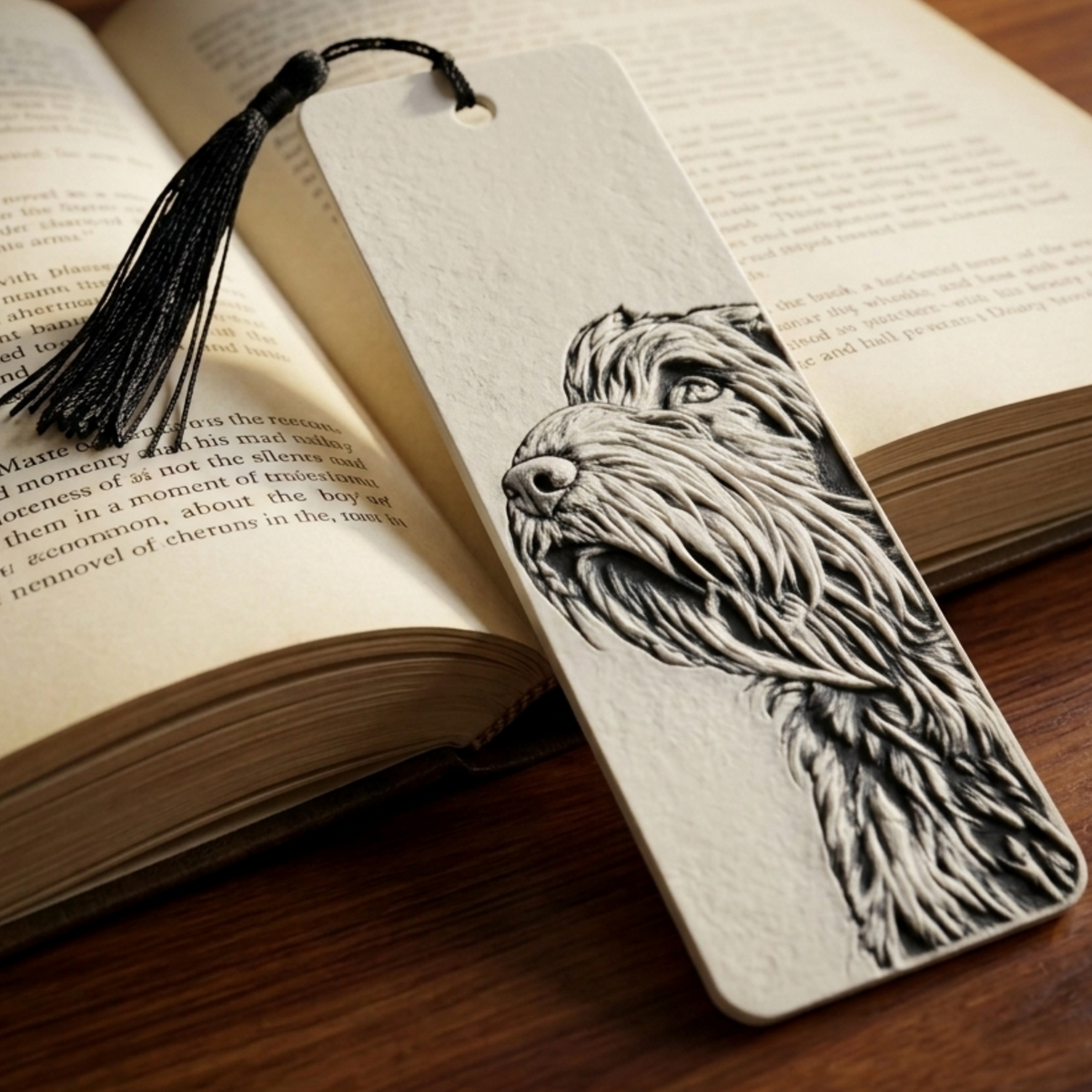 A rectangular plastic bookmark with a black ink illustration of a long-haired dog, resting on an open book with a black tassel string, set on a wooden surface.