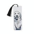 A white rectangular bookmark with a black tassel, featuring a black and white line art illustration of a Golden Retriever dog on the front, shown on a white background
