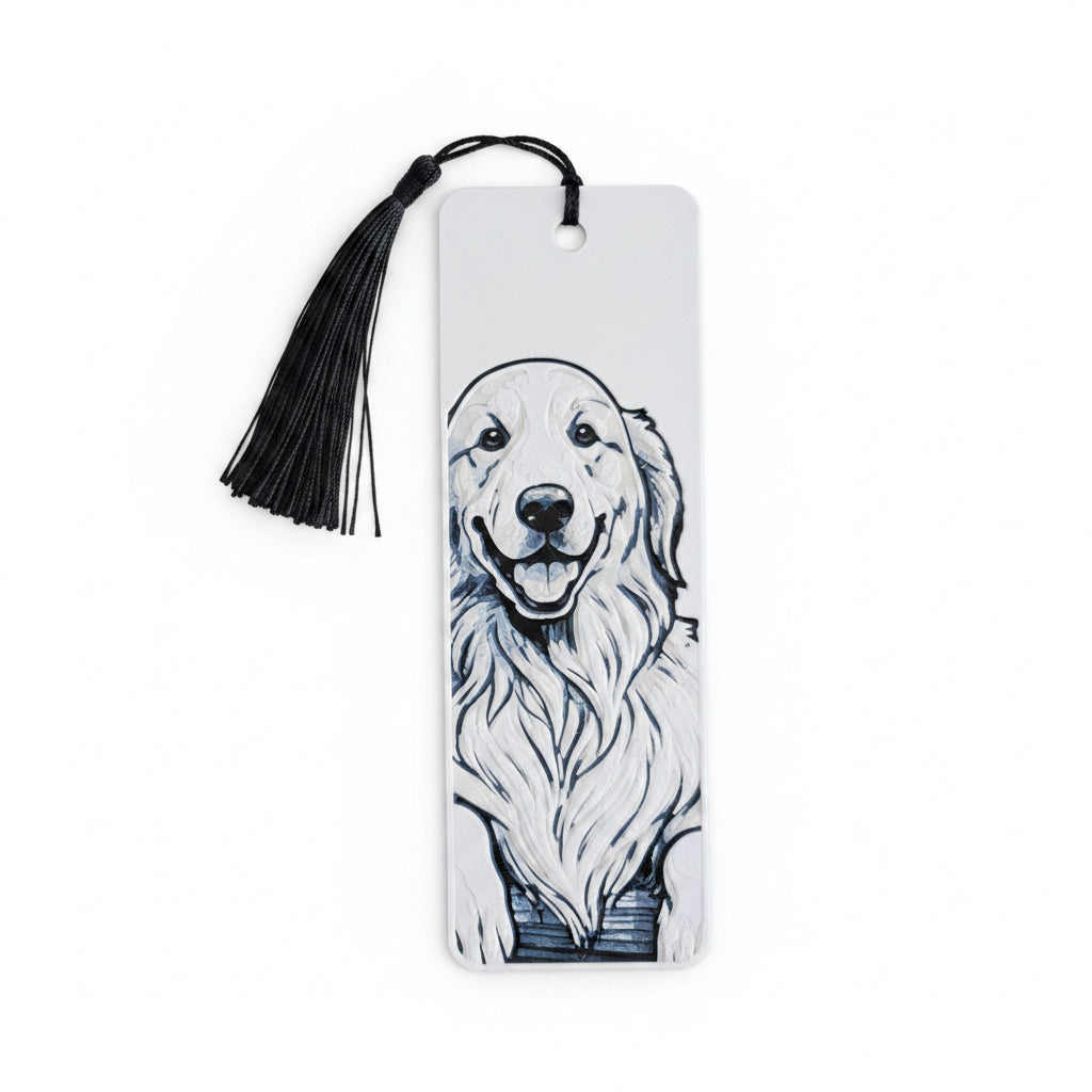 A white rectangular bookmark with a black tassel, featuring a black and white line art illustration of a Golden Retriever dog on the front, shown on a white background