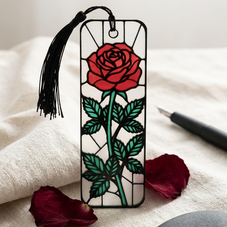 Blooming Rose Bookmark | Book Lover Gift | Stained Glass Style Art