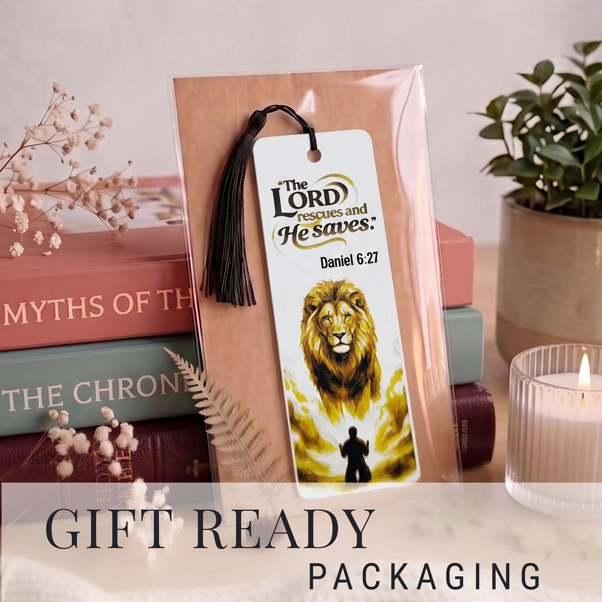 Daniel & Lion Bookmark | Christian Gift | Textured Scripture Artwork | Daniel 6:27 Bible Verse