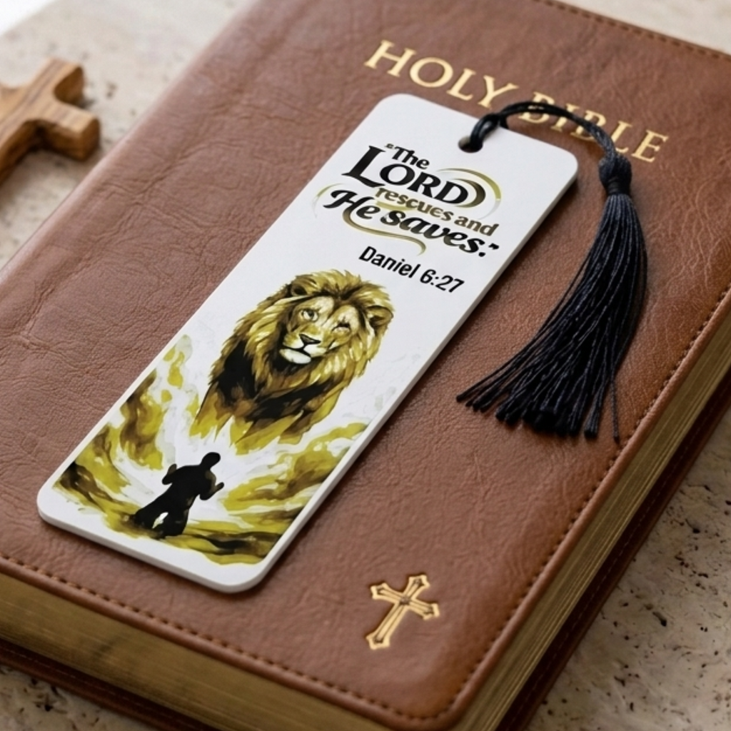 Daniel & Lion Bookmark | Christian Gift | Textured Scripture Artwork | Daniel 6:27 Bible Verse