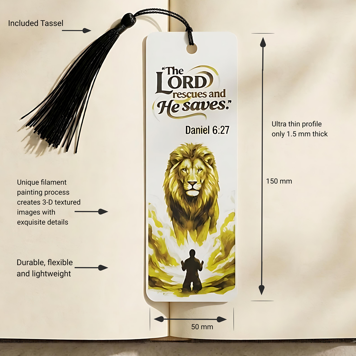 Daniel & Lion Bookmark | Christian Gift | Textured Scripture Artwork | Daniel 6:27 Bible Verse