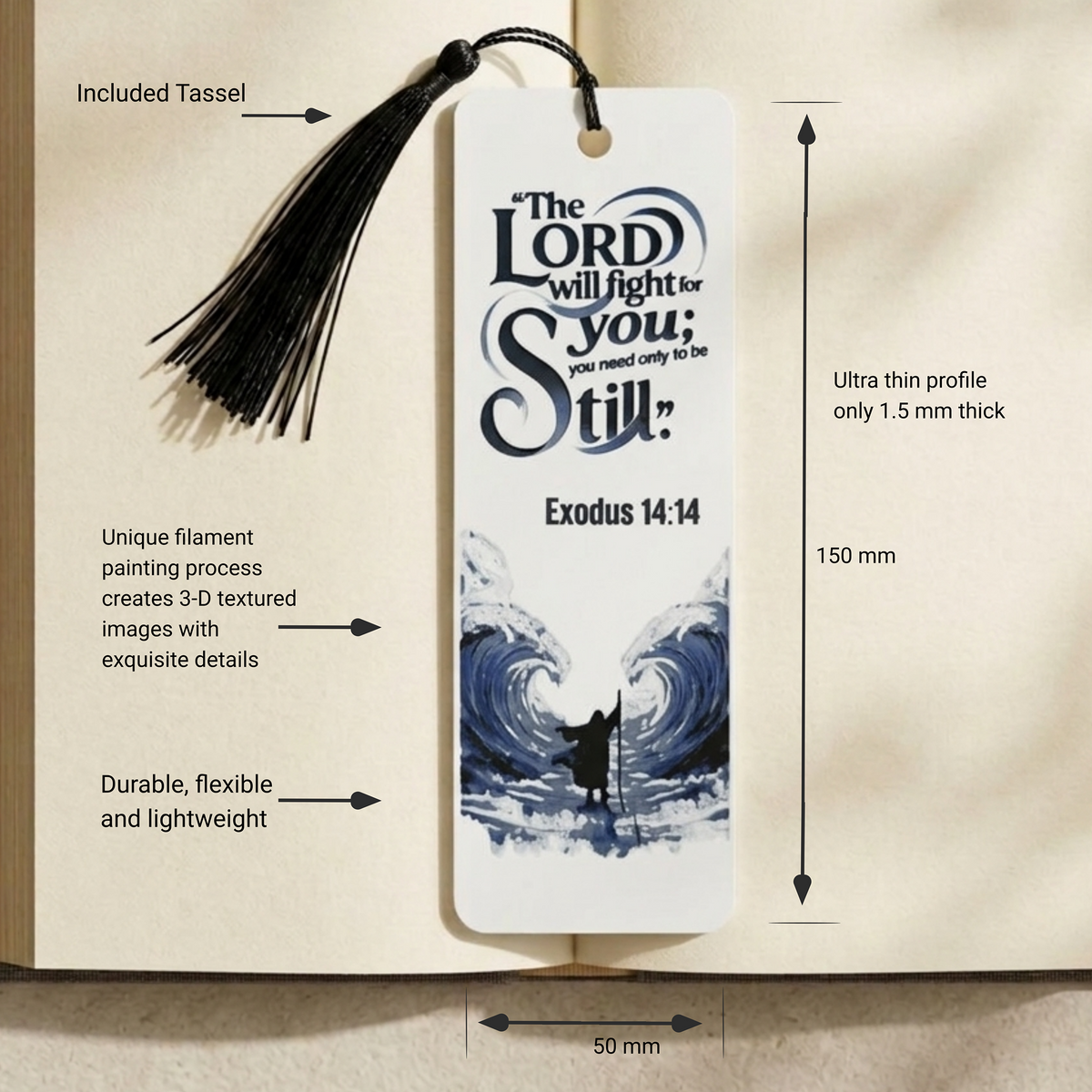 Moses Parting the Sea Bookmark | Christian Gift | Textured Scripture Artwork | Exodus 14:14 Bible Verse